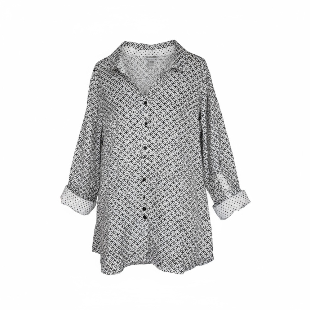 Catherines 4X Black White Geometric Button Down Tunic Top Polka Dot Trim